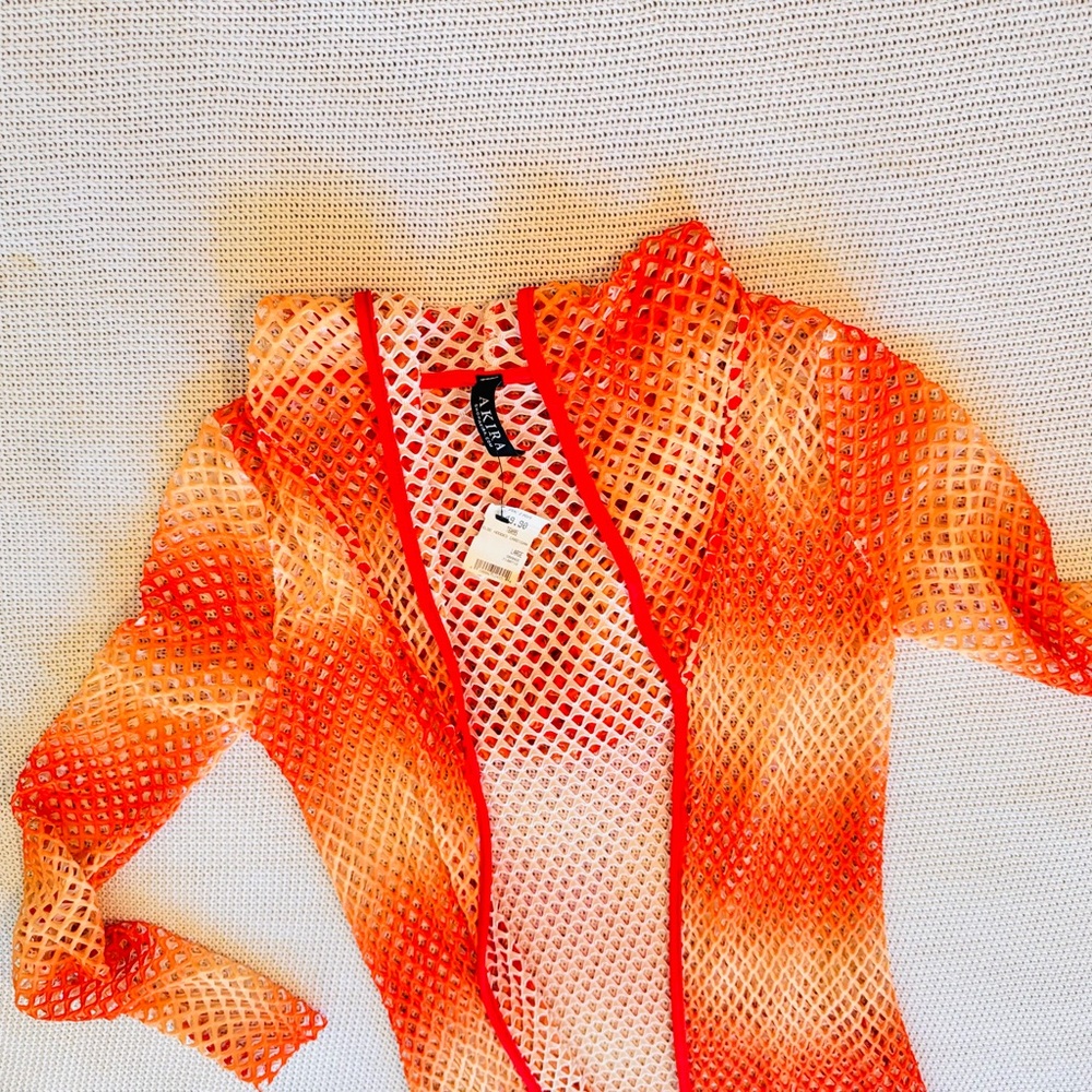 AKIRA Orange & Yellow Open Mesh Swim Coverup Long Maxi Dress w Hood Hooded Robe - Picture 11 of 16